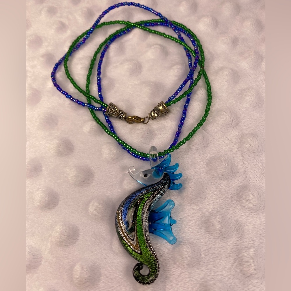 Seahorse Glass Pendant with Beaded, Double Strand Necklace